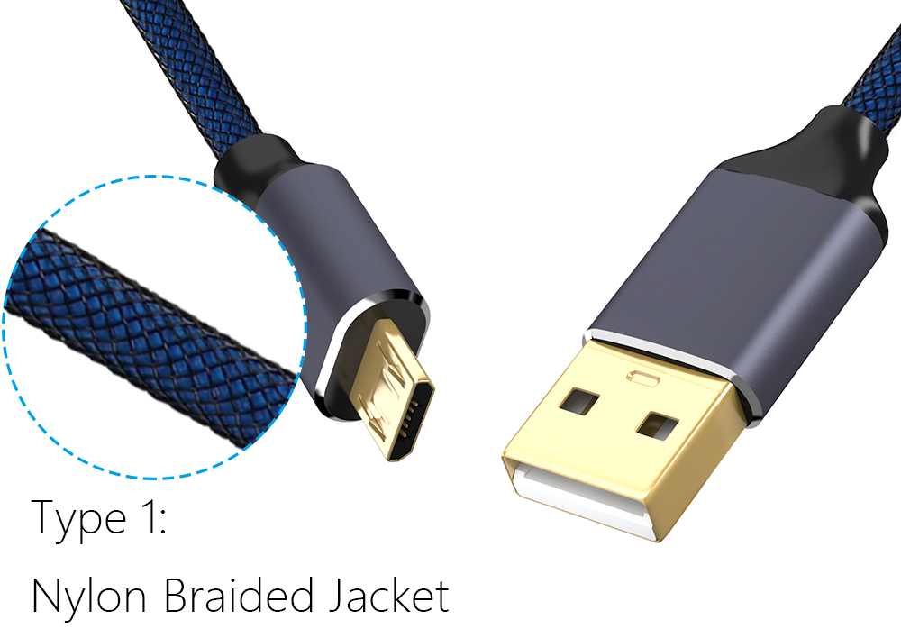 USB 2.0 Micro USB Cable Android Charger 24K Gold Plated Braided 2.4A Fast Sync and Charging Cord