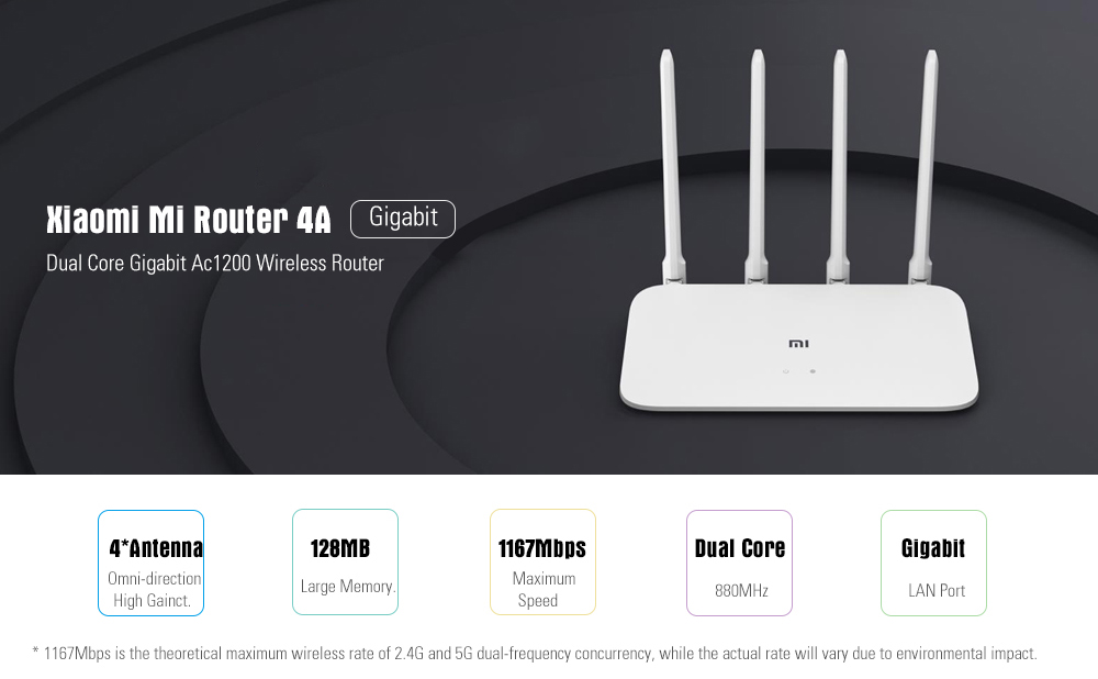 Xiaomi Mi 4A Router Gigabit Edition 2.4GHz + 5GHz WiFi 16MB ROM + 128MB DDR3 High Gain 4 Antenna Remote APP Control Support IPv6