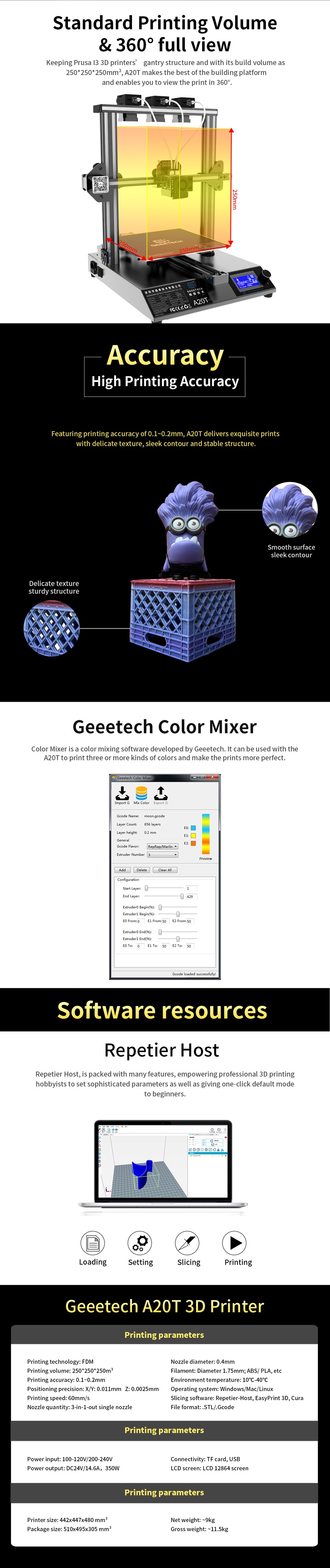 Geeetech A20T FDM 3D Printer Mix-color Objects - White EU Plug